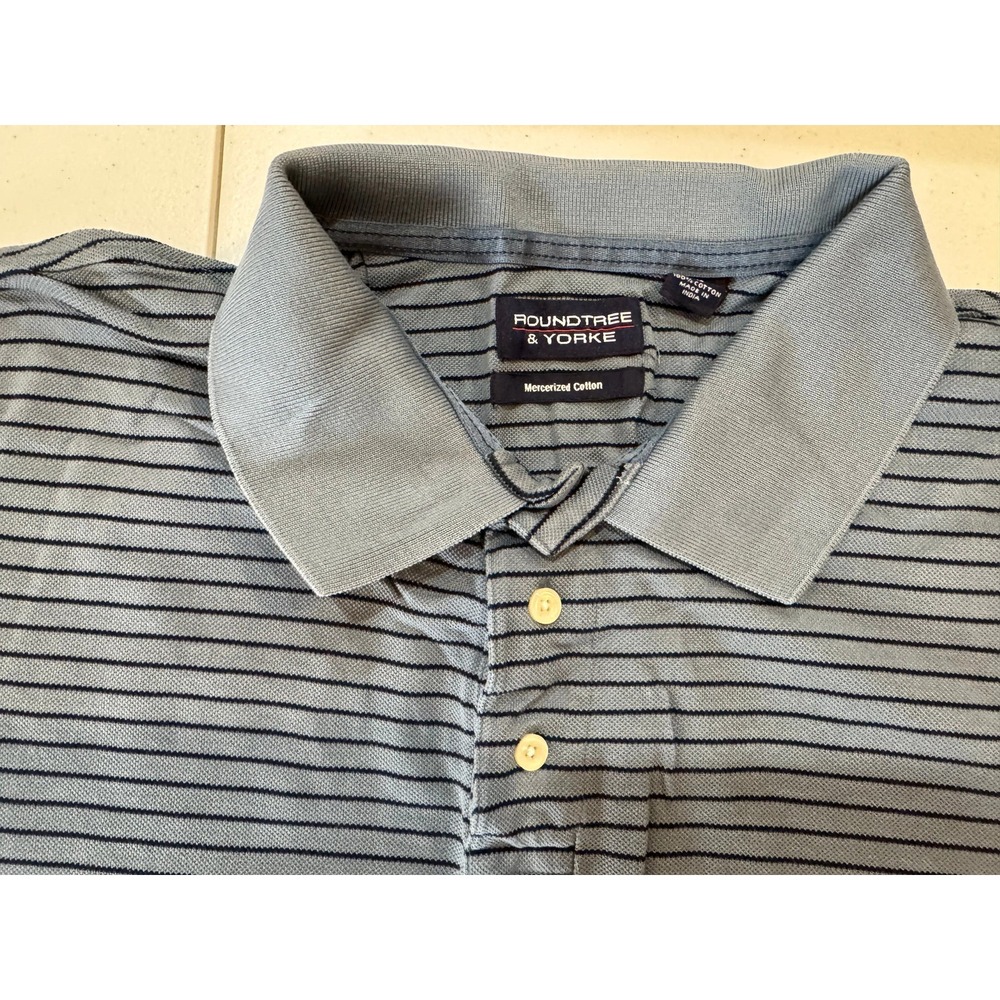 Roundtree & Yorke Mens Polo Shirt XL Blue Striped Mercerized Cotton